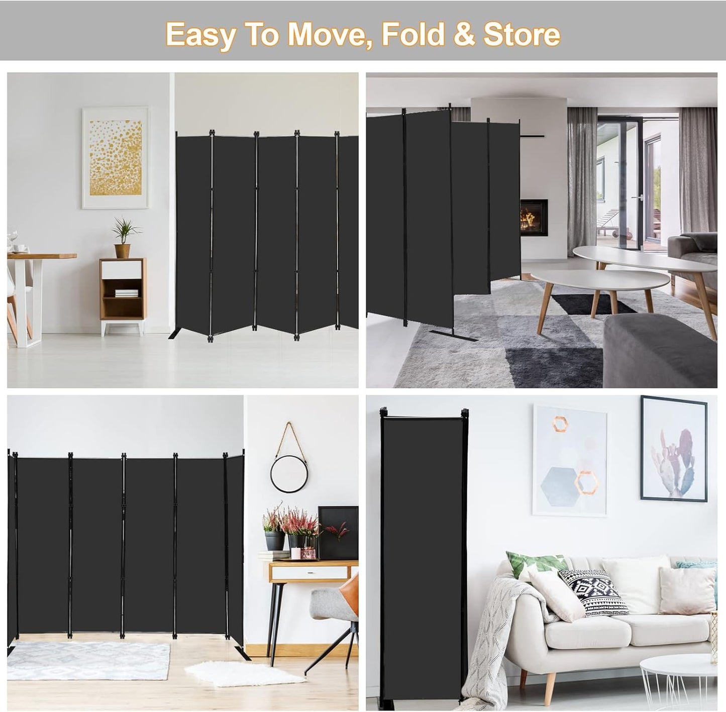 MAYOLIAH 6 Panel Folding Privacy Screen 9ft Wide, 6ft Tall Partition Room Divider Portable Office Walls Dividers, Black