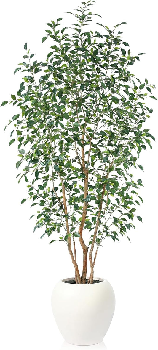 8FT Artificial Ficus Tree, Indoor Faux Ficus Plant with Realistic Leaves & Natural Wood Trunk, 8ft Tall, Green, All Seasons, Perfect for Living Room Home Decor