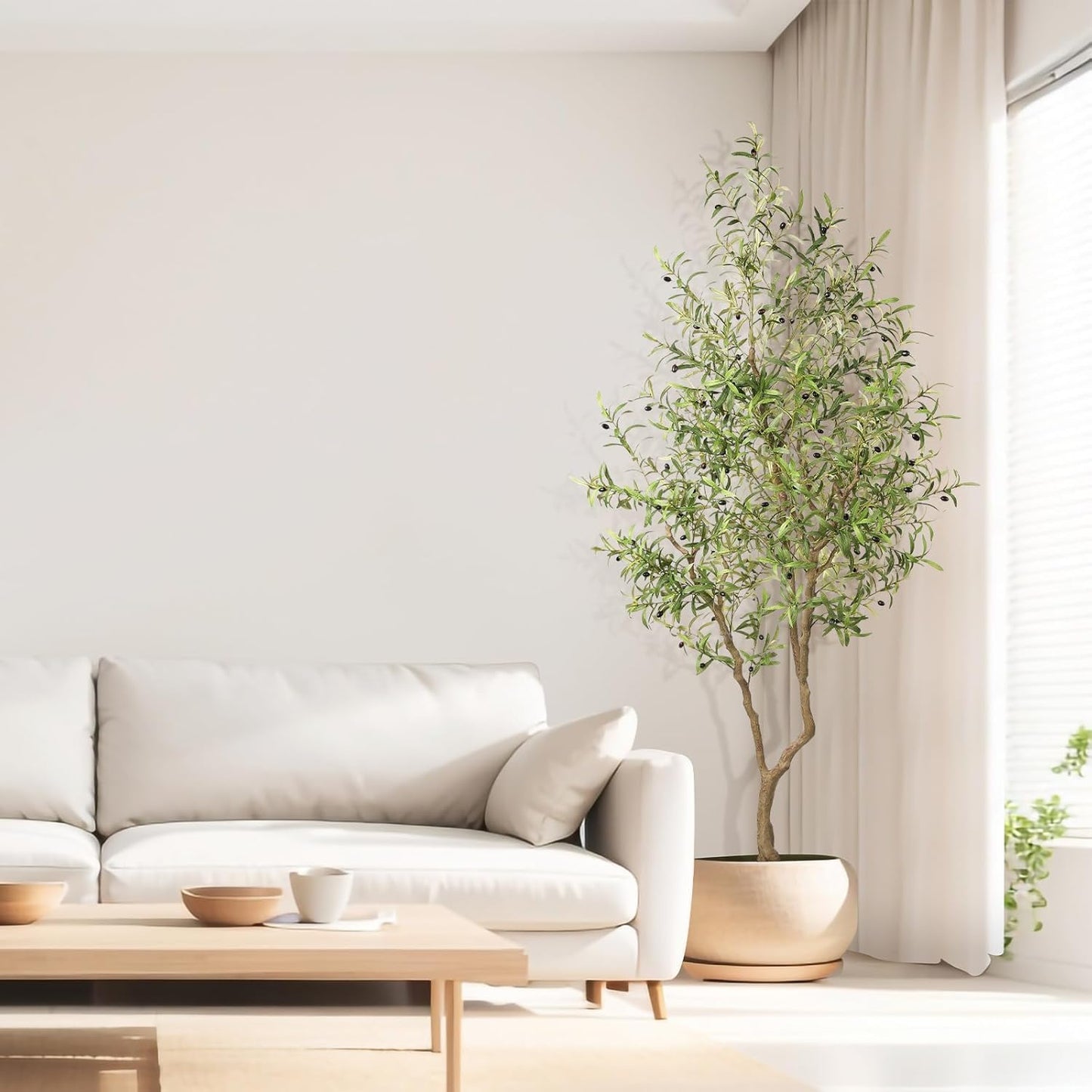 8ft Faux Olive Tree - Large Realistic Artificial Olive Trees 8 Feet (96") Indoor Fake Plants with Realistic Trunk, Adjustable Branch, Olive Silk Tree with Planter for Home Living Room Decor