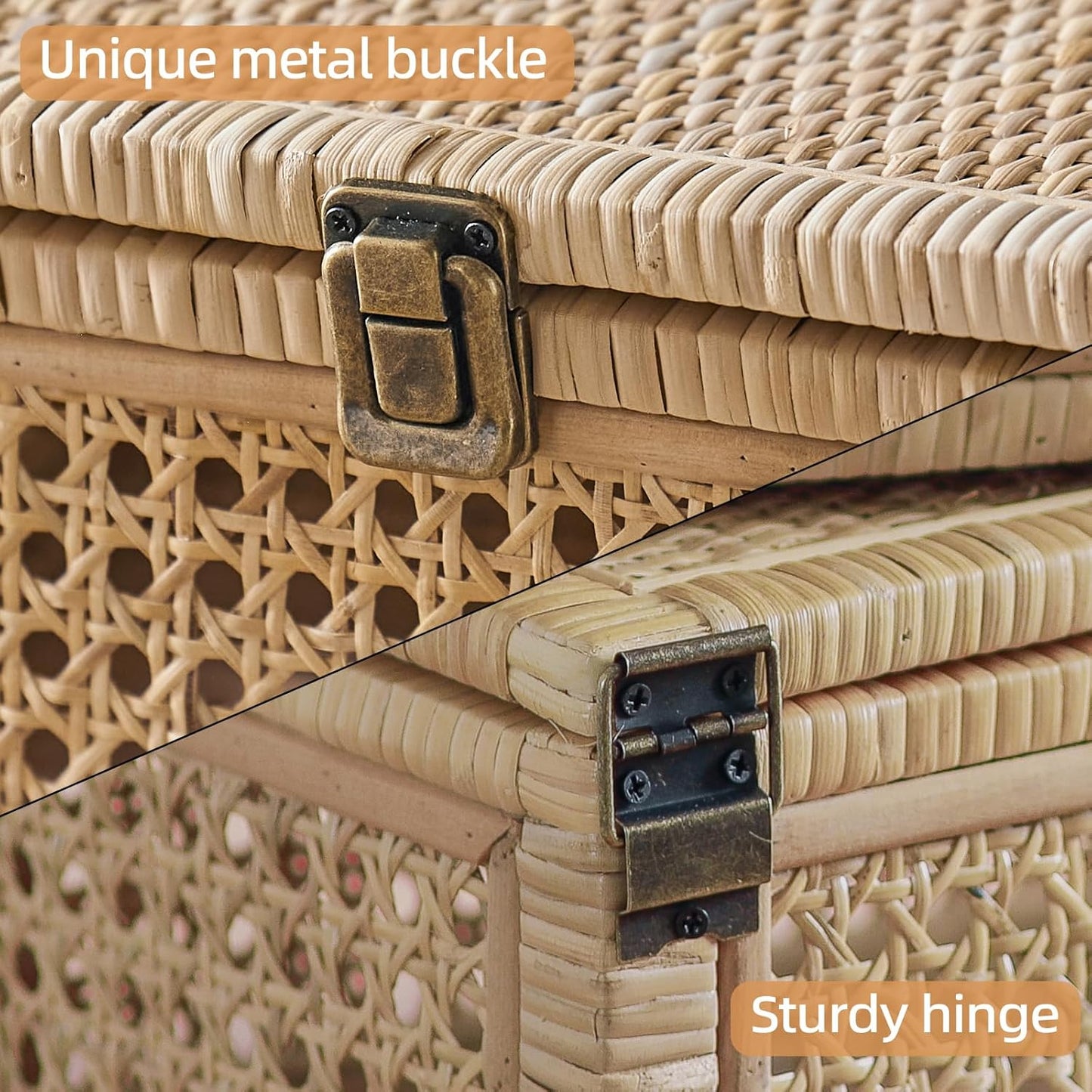 Rattan Box, Boho Decorative Boxes with Lids, Set of 2 Rectangular Wicker Storage Basket, Natural Woven Cane Bins for Home Decor (Rectangular)