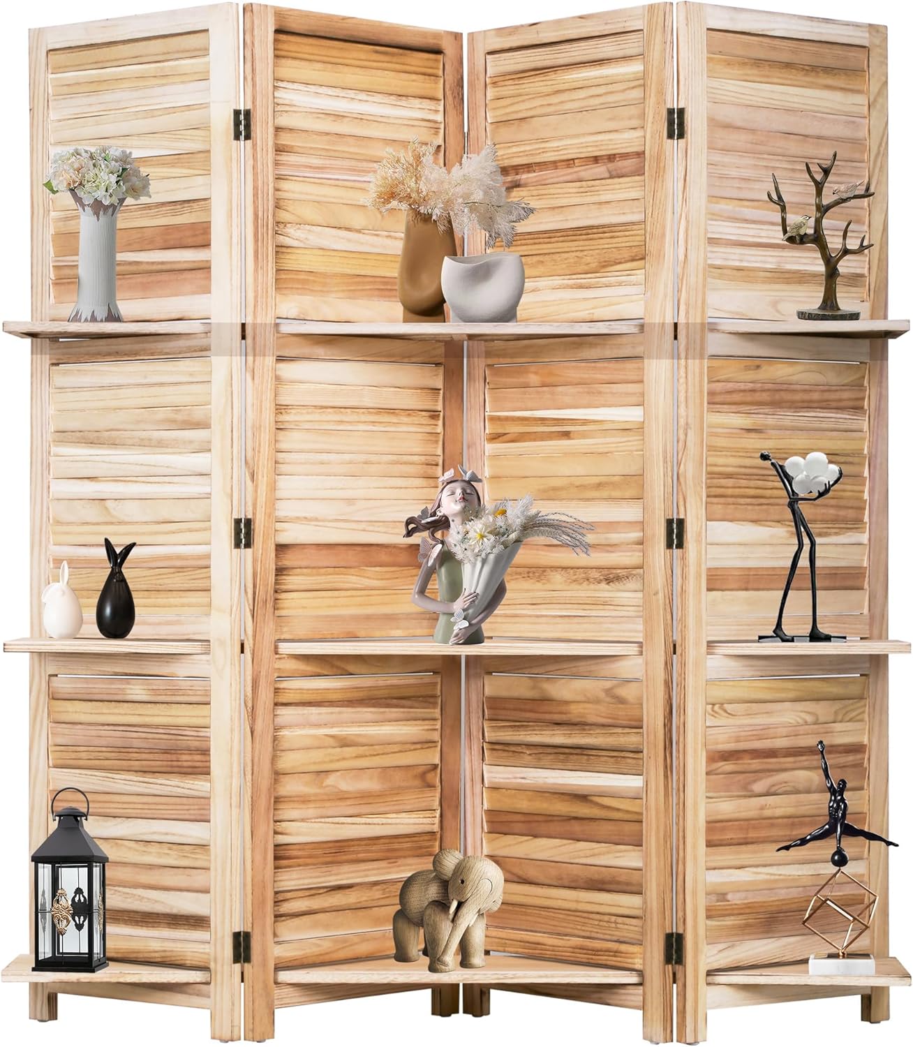 4 Panel Room Divider Folding Privacy Wooden Screen with Three Clever Shelf Portable Partition Wood Divider for Home Office, Natural