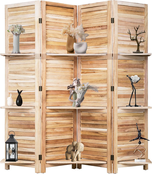 4 Panel Room Divider Folding Privacy Wooden Screen with Three Clever Shelf Portable Partition Wood Divider for Home Office, Natural