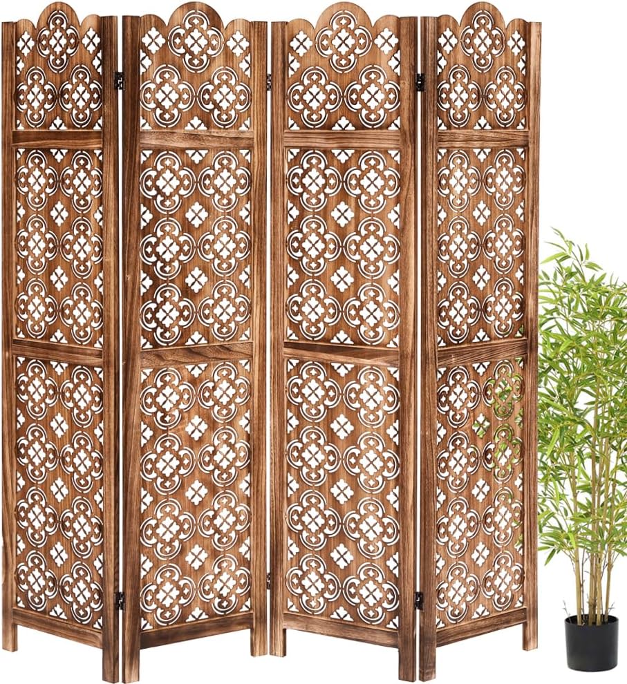 3 Panel Wooden Room Divider Screen - 8 Foot Tall Rustic Wood Privacy Partition with Floral Carved Cutouts, Foldable Farmhouse Decor for Bedroom, Home Office, Garden & Terrace (Natural)