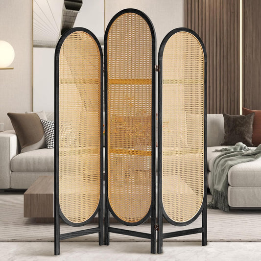 Room Divider Panel, 3 Panel Roomdivider Wall, Wood Room Dividers and Folding Privacy Screens, Rattan Partition Room Dividers, Privacy Dividers for Rooms, Bedroom, Dining Room, Black
