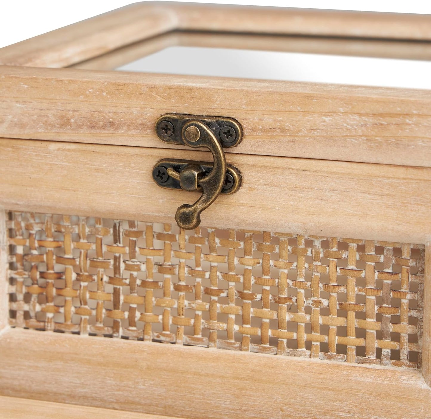 Deco 79 Wood Decorative Box Glass Top Decorative Keepsake Boxes with Rattan Side Panels and Bronze Hook Closures, Set of 2 Storage Boxes 9", 7" W, Light Brown