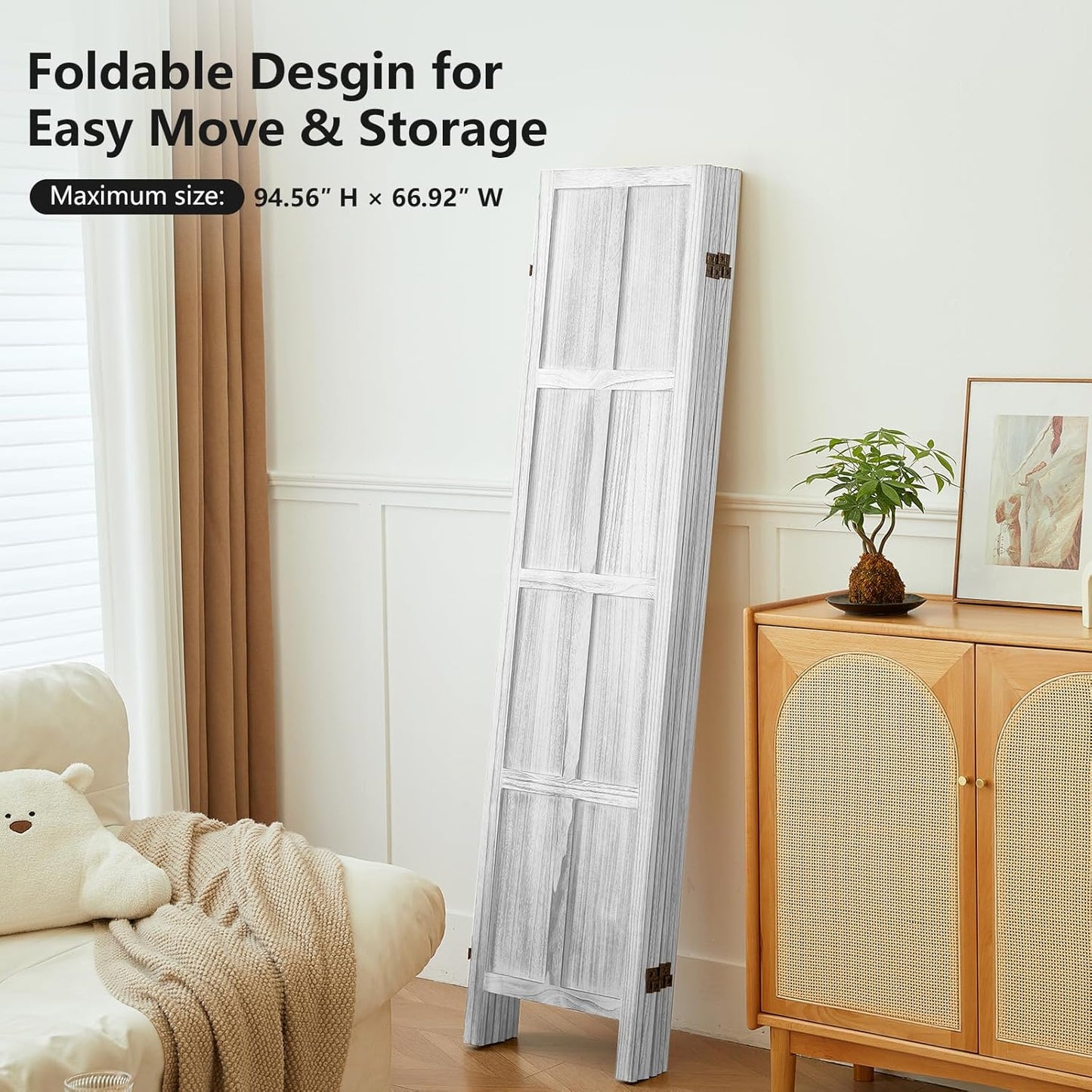 6 Panel Wood Room Divider Screen, 5.6 FT Folding Privacy Screen Room Divider, Partition Divider for Room Separation, Folding Wood Panel Wall Divider for Home Office Bathroom (Retro White)