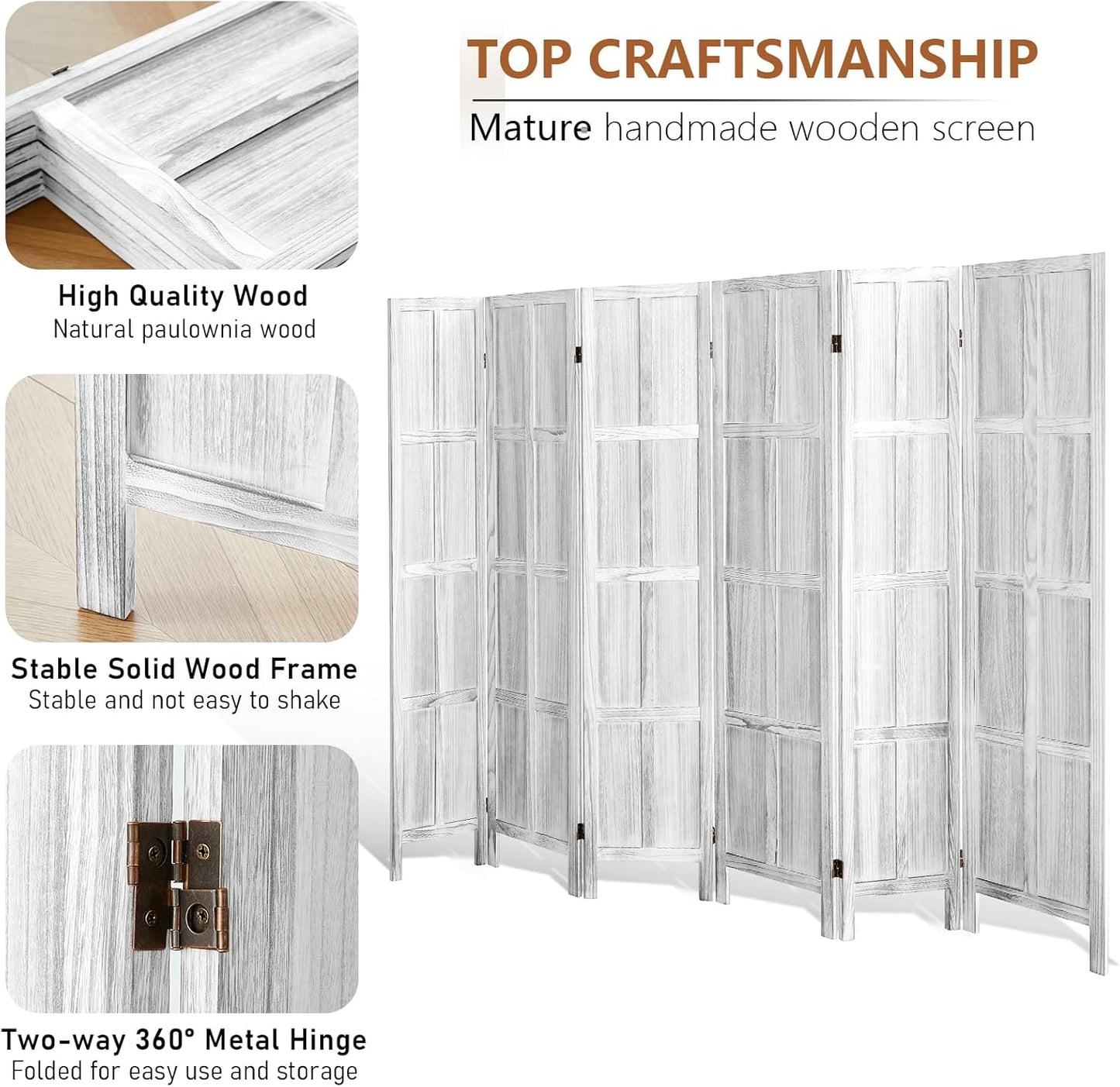 6 Panel Wood Room Divider Screen, 5.6 FT Folding Privacy Screen Room Divider, Partition Divider for Room Separation, Folding Wood Panel Wall Divider for Home Office Bathroom (Retro White)