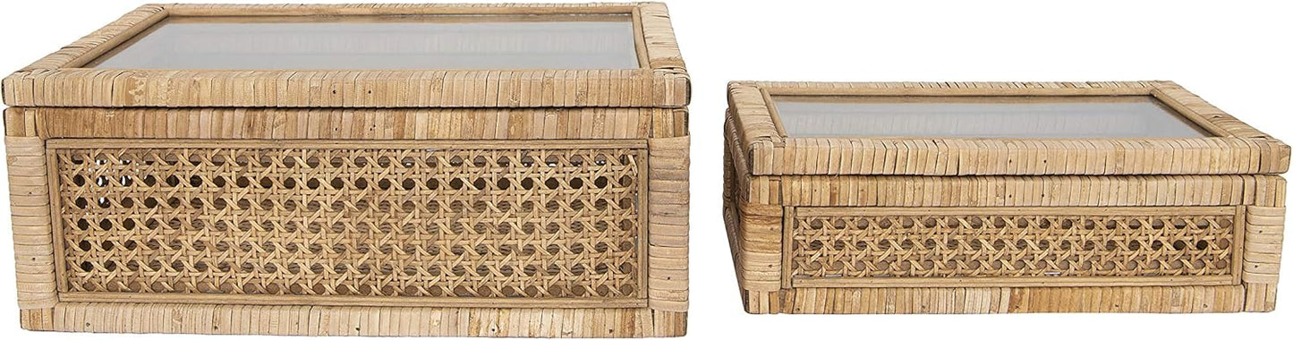 Creative Co-Op Modern Decorative Square Woven Rattan and Wood Display Boxes with Glass Top, Set of 2 Sizes, Natural Finish