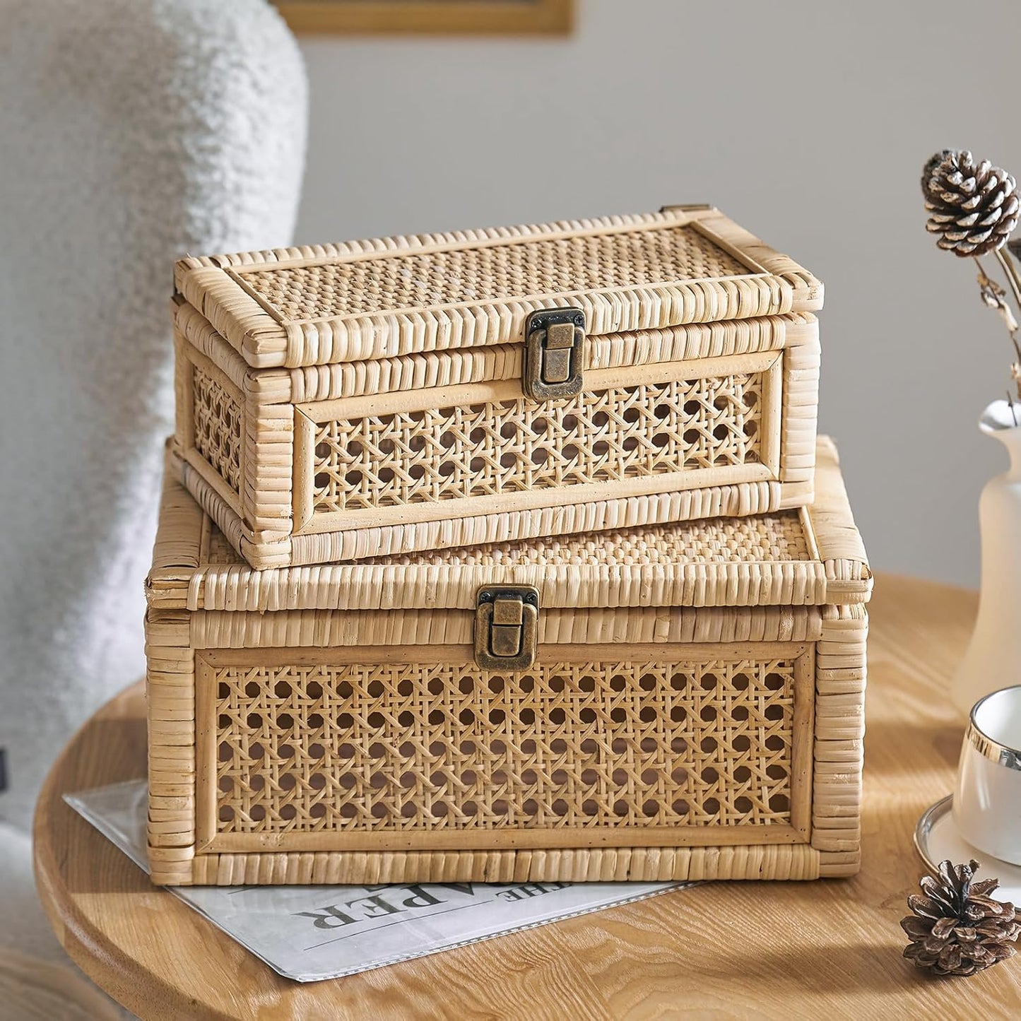 Rattan Box, Boho Decorative Boxes with Lids, Set of 2 Rectangular Wicker Storage Basket, Natural Woven Cane Bins for Home Decor (Rectangular)