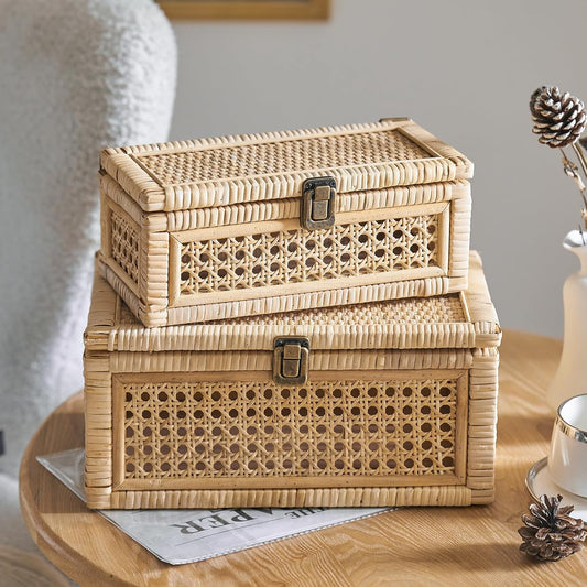 Rattan Box, Boho Decorative Boxes with Lids, Set of 2 Rectangular Wicker Storage Basket, Natural Woven Cane Bins for Home Decor (Rectangular)