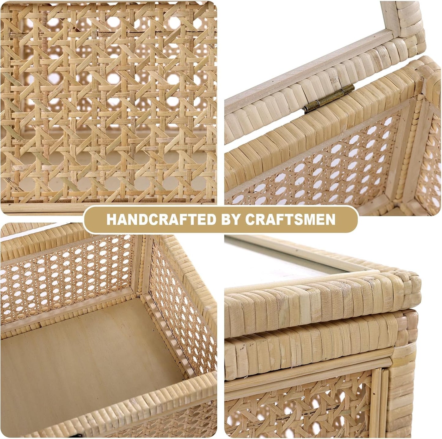 ANMINY Rattan Decorative Basket Box with Glass Lids, Set of 3 Boho Rectangular Display Boxes with Clear Top, Stackable Natural Handwoven Cane Wicket Storage Baskets Bins for Home Farmhouse Decor