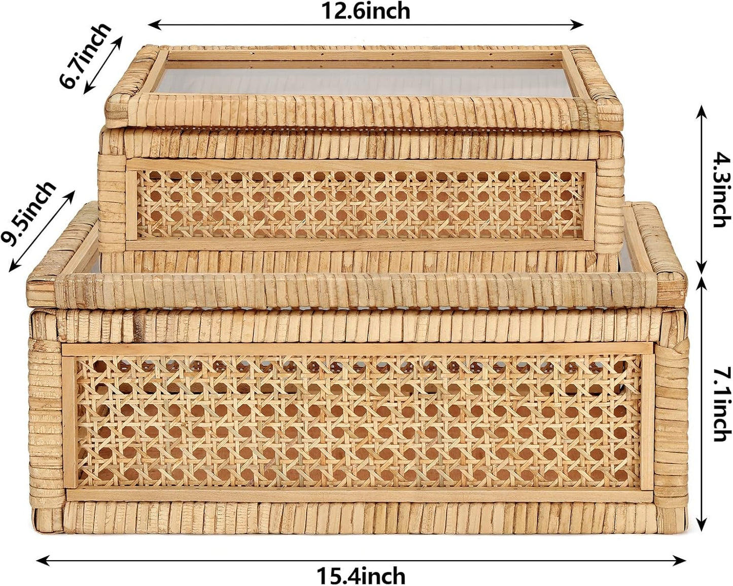 Amyhill Set of 2 Rattan Box Rattan with Glass Lids Decorative Woven Cane Boxes Multipurpose Square Basket for Home Shelf Organizer(15.4 x 9.5 x 7.1 Inch, 12.6 x 6.7 x 4.3 Inch)