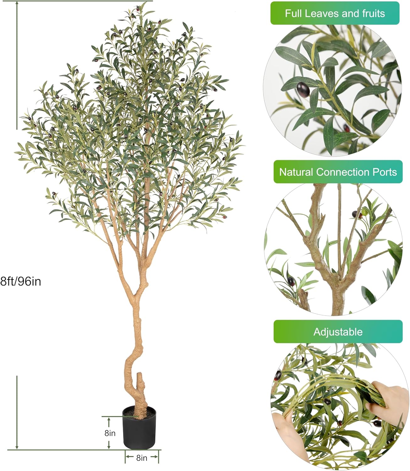 Tall Faux Olive Tree，8ft（96in） Realistic Potted Silk Artificial Olive Tree， Fake Olive Trees Indoor with Green Leaves and Big Fruits for Home Office Living Room Stairs Patio Decor.