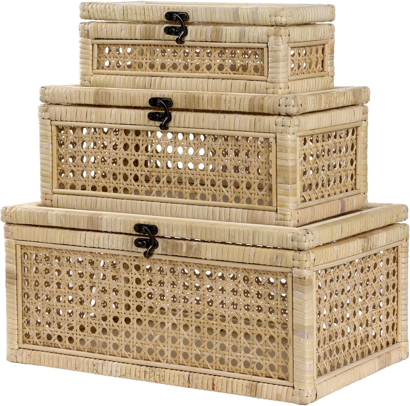 ANMINY Rattan Decorative Basket Box with Glass Lids, Set of 3 Boho Rectangular Display Boxes with Clear Top, Stackable Natural Handwoven Cane Wicket Storage Baskets Bins for Home Farmhouse Decor