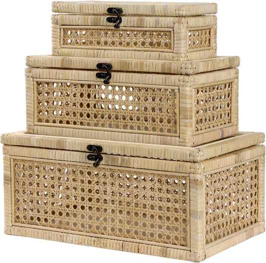 ANMINY Rattan Decorative Basket Box with Glass Lids, Set of 3 Boho Rectangular Display Boxes with Clear Top, Stackable Natural Handwoven Cane Wicket Storage Baskets Bins for Home Farmhouse Decor
