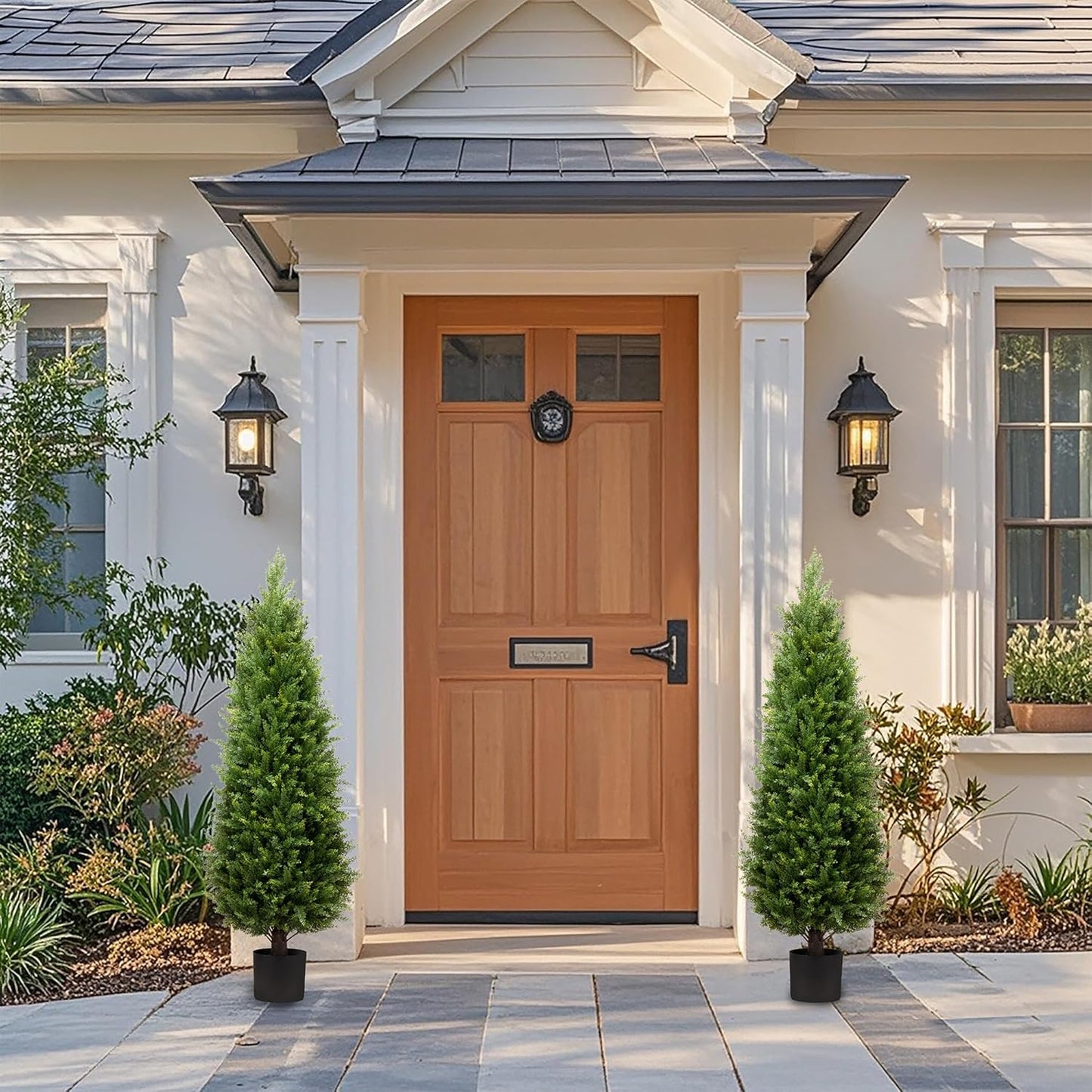 4ft Artificial Cedar Trees Artificial Topiary Trees Set of 2 Faux Cypress Plants UV Resistant Potted Bushes Faux Shrubs for Outdoor Indoor Front Porch Garden