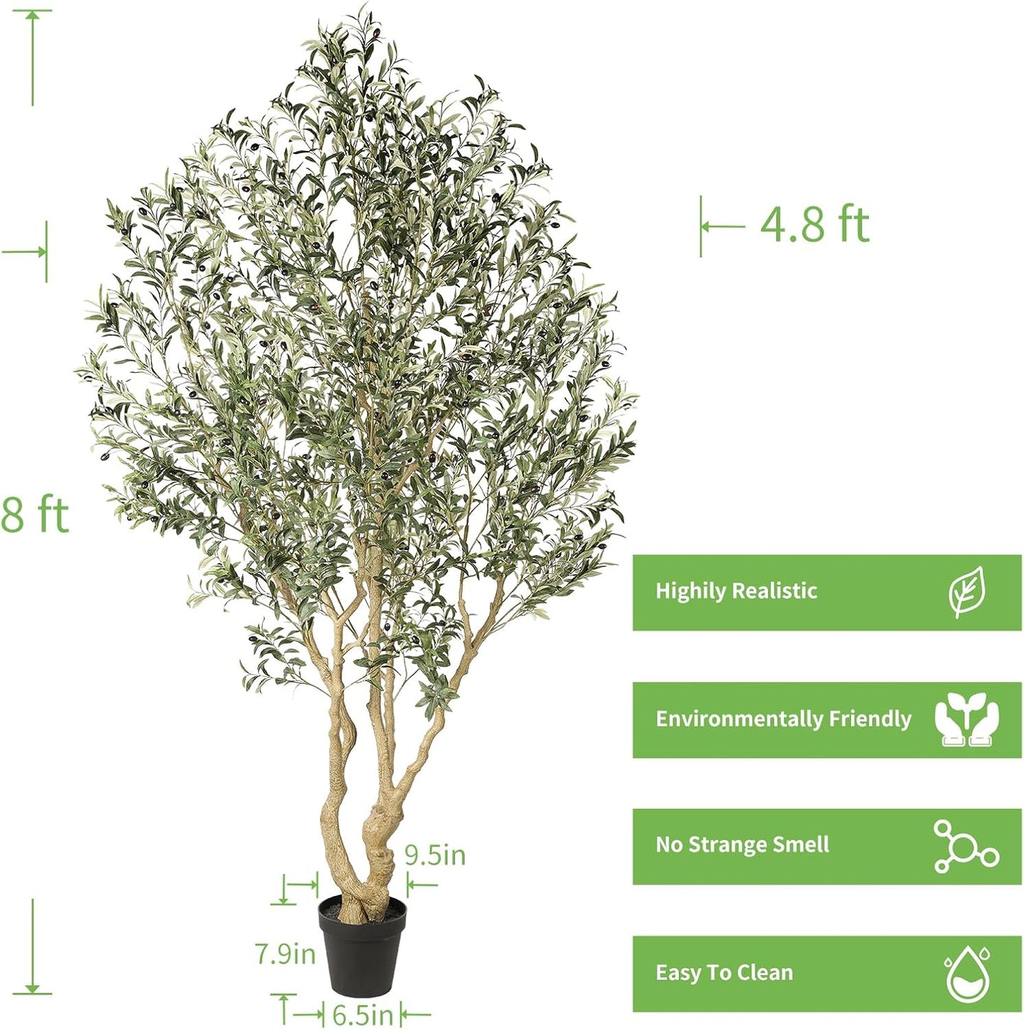 Realead Artificial Olive Tree 8ft - Large Faux Olive Tree with Realistic Leaves and Olives - Full and Grand Design Fake Olive Tree with Sturdy Base for Indoor Outdoor Office Decor