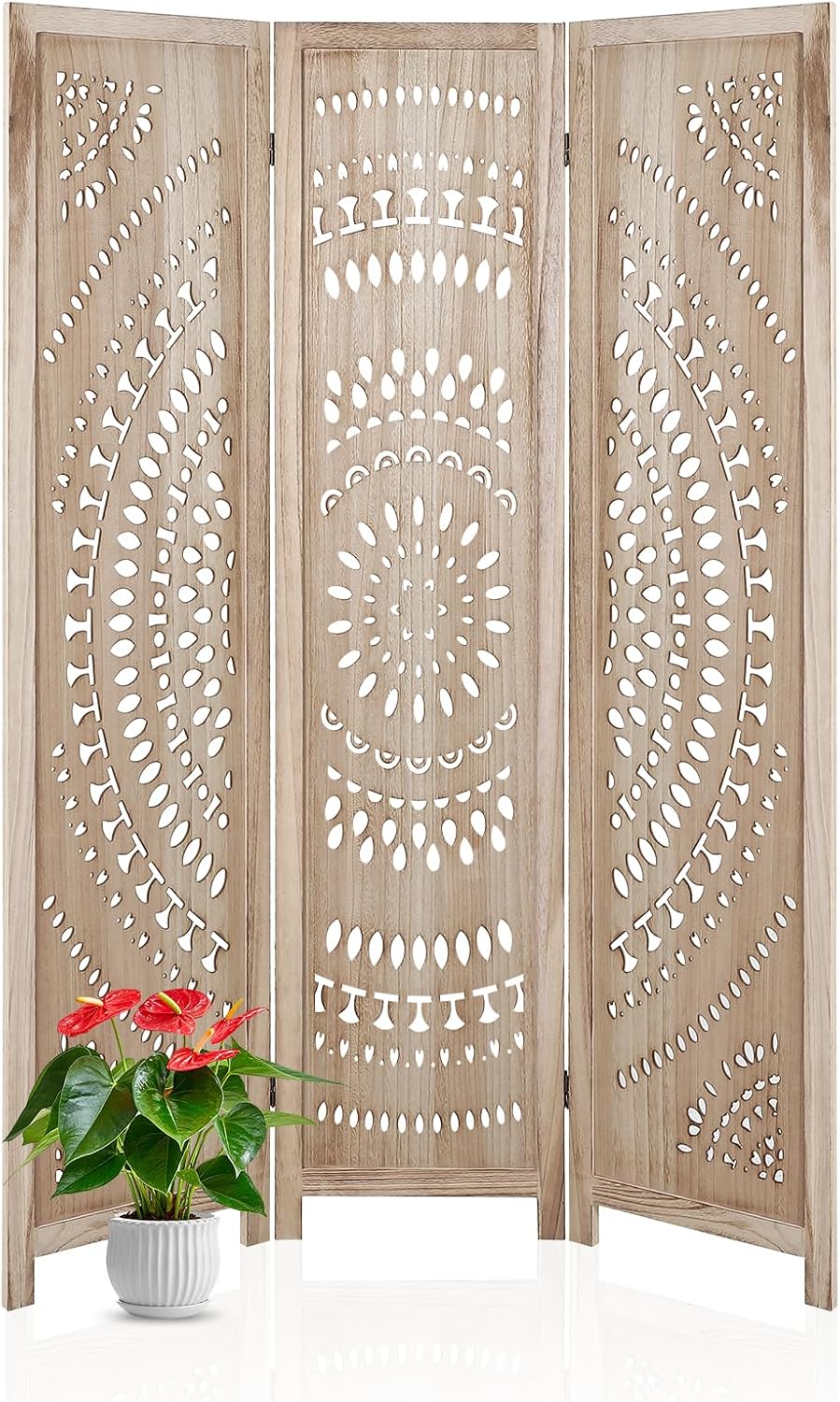 3 Panel Wooden Room Divider Screen - 8 Foot Tall Rustic Wood Privacy Partition with Floral Carved Cutouts, Foldable Farmhouse Decor for Bedroom, Home Office, Garden & Terrace (Natural)
