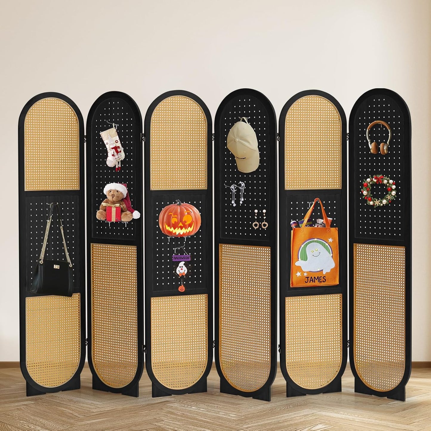 4 Panel Room Dividers and Folding Privacy Screens, Hand-Made Rattan Room Divider with Bi-Directional Hinge, Pre-Assembled Wood Room Divider Wall for Home Office Bedroom, Black