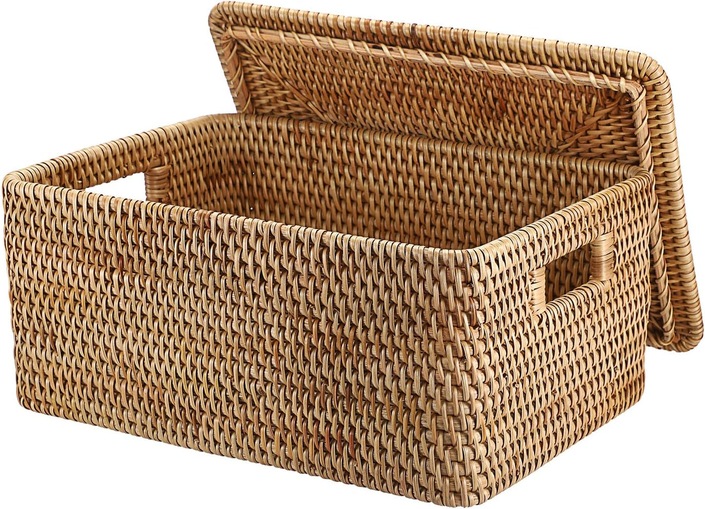 Hipiwe Wicker Storage Bins with Lid Handwoven Rattan Baskets Rectangular Decorative Shelf Baskets Bin with Handles Household Basket Boxes for Home Organizing,13.2"L x10.2"W x6.7"H
