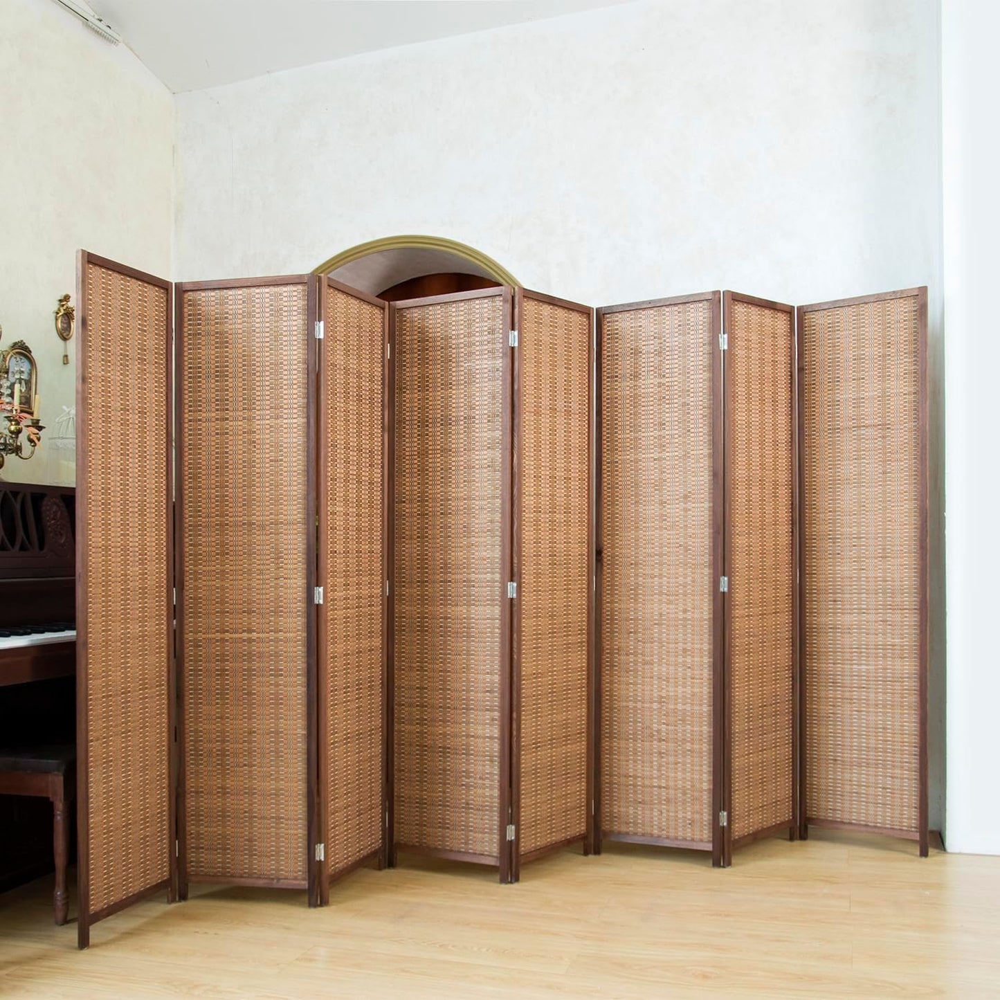 8 Panel Room Divider Folding Privacy Screen,67 inch Bamboo Panel Divider for Home Partition,Beige