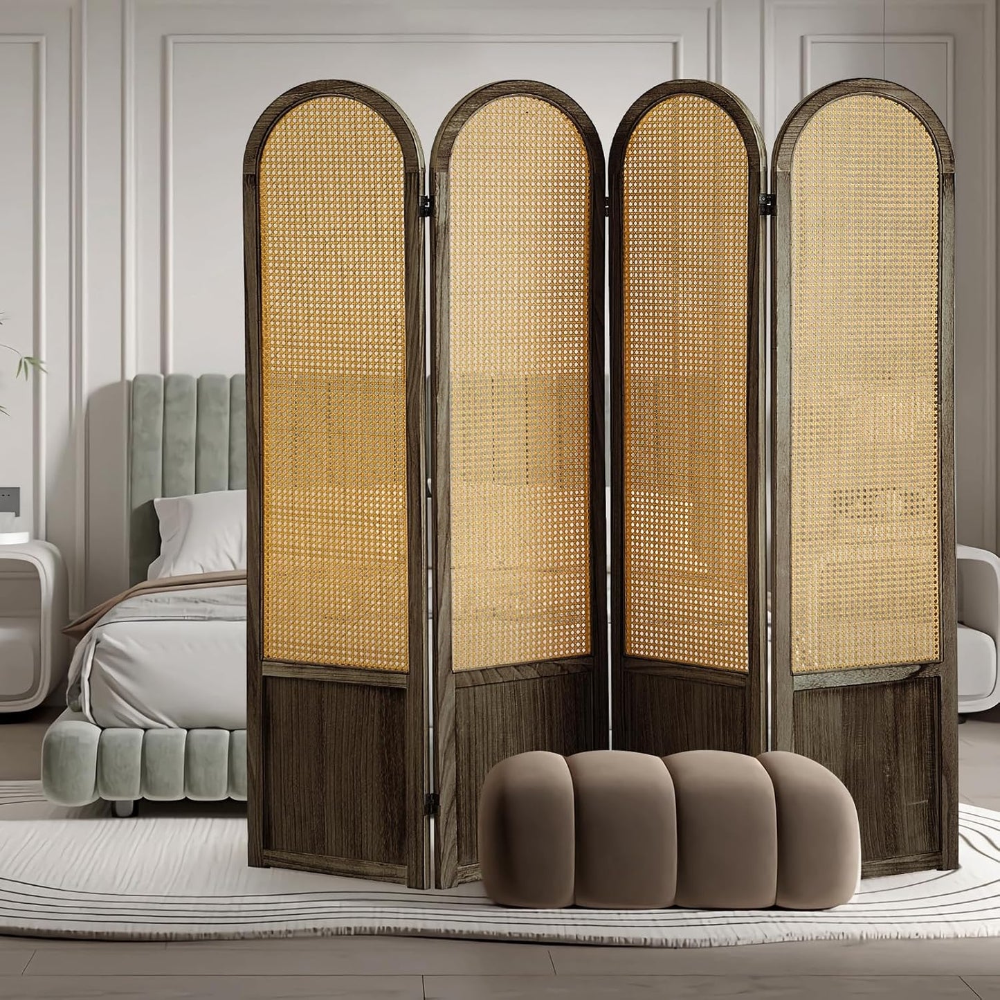 4 Panel Room Dividers and Folding Privacy Screens, Hand-Made Rattan Room Divider with Bi-Directional Hinge, Pre-Assembled Wood Room Divider Wall for Home Office Bedroom, Black