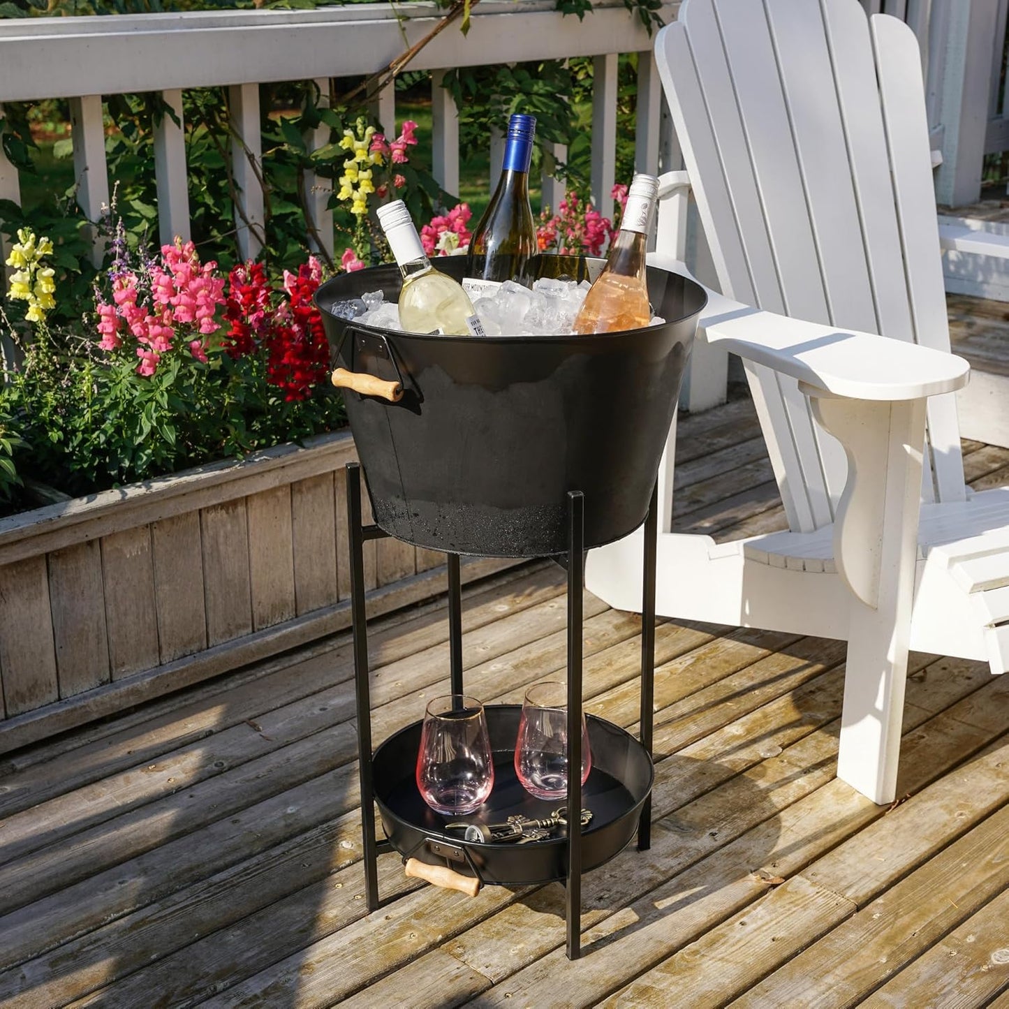 Twine Black Beverage Tub with Collapsible Stand, Large Metal Bucket and Tray, Ice Drink Buckets with Acacia Wood Handles for Parties, 3-Piece Set