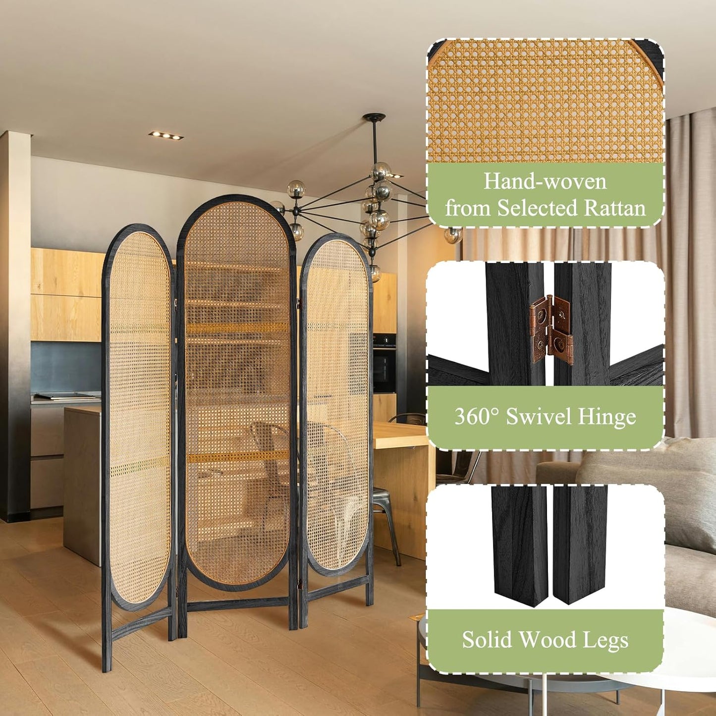 Room Divider Panel, 3 Panel Roomdivider Wall, Wood Room Dividers and Folding Privacy Screens, Rattan Partition Room Dividers, Privacy Dividers for Rooms, Bedroom, Dining Room, Black