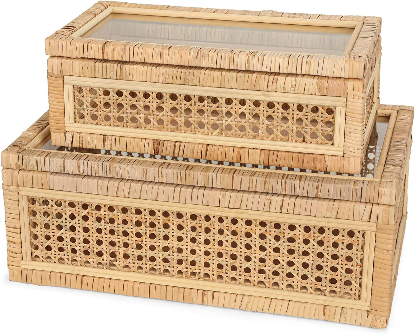 Large Handwoven Boho Rattan Display Boxes with Glass Lids - Set of 2 Rectangular Decorative Storage Bins - Natural Woven Cane Home Decor Organizers (15.55" x 9.64" x 5.9" & 12.48" x 6.88" x 4.52")