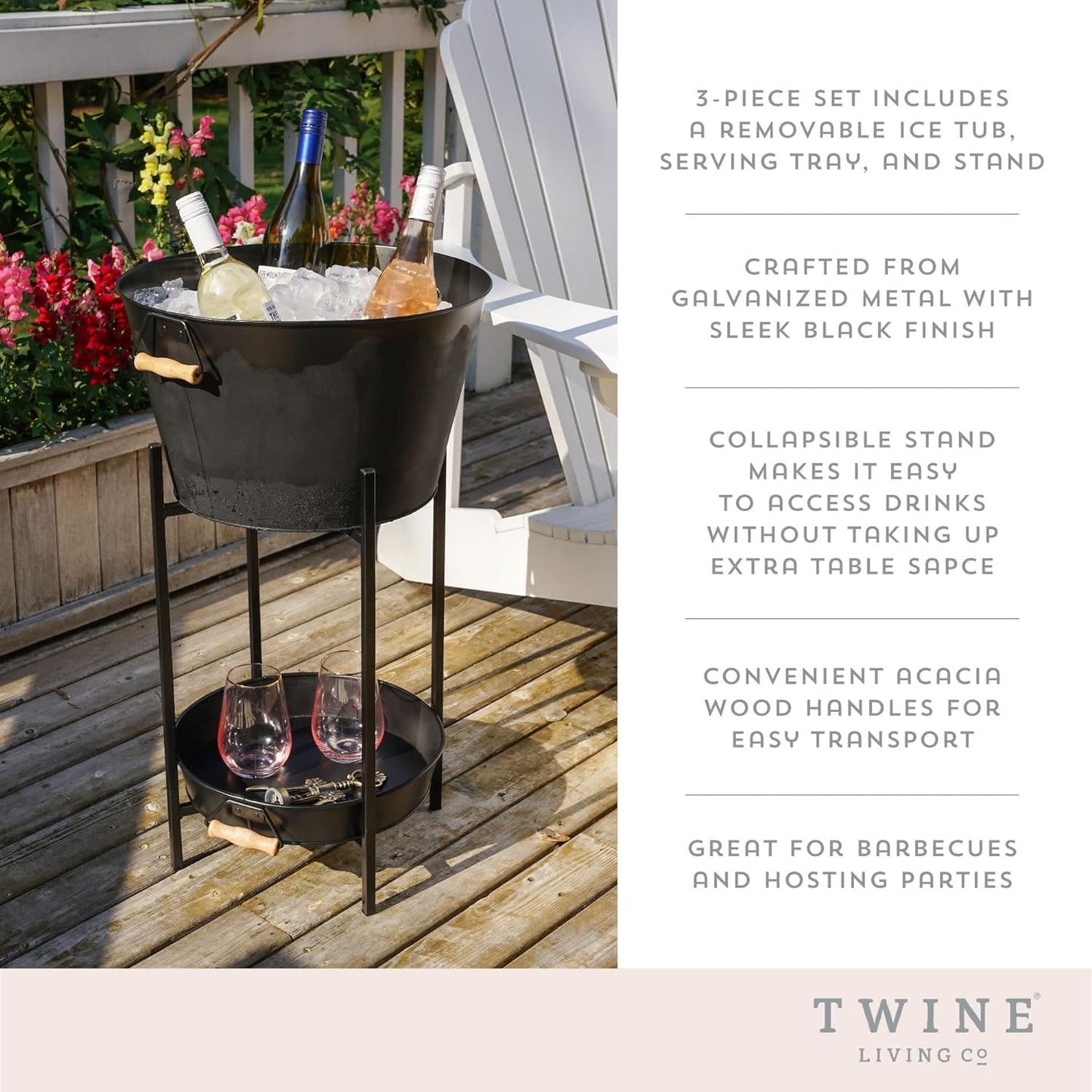 Twine Black Beverage Tub with Collapsible Stand, Large Metal Bucket and Tray, Ice Drink Buckets with Acacia Wood Handles for Parties, 3-Piece Set