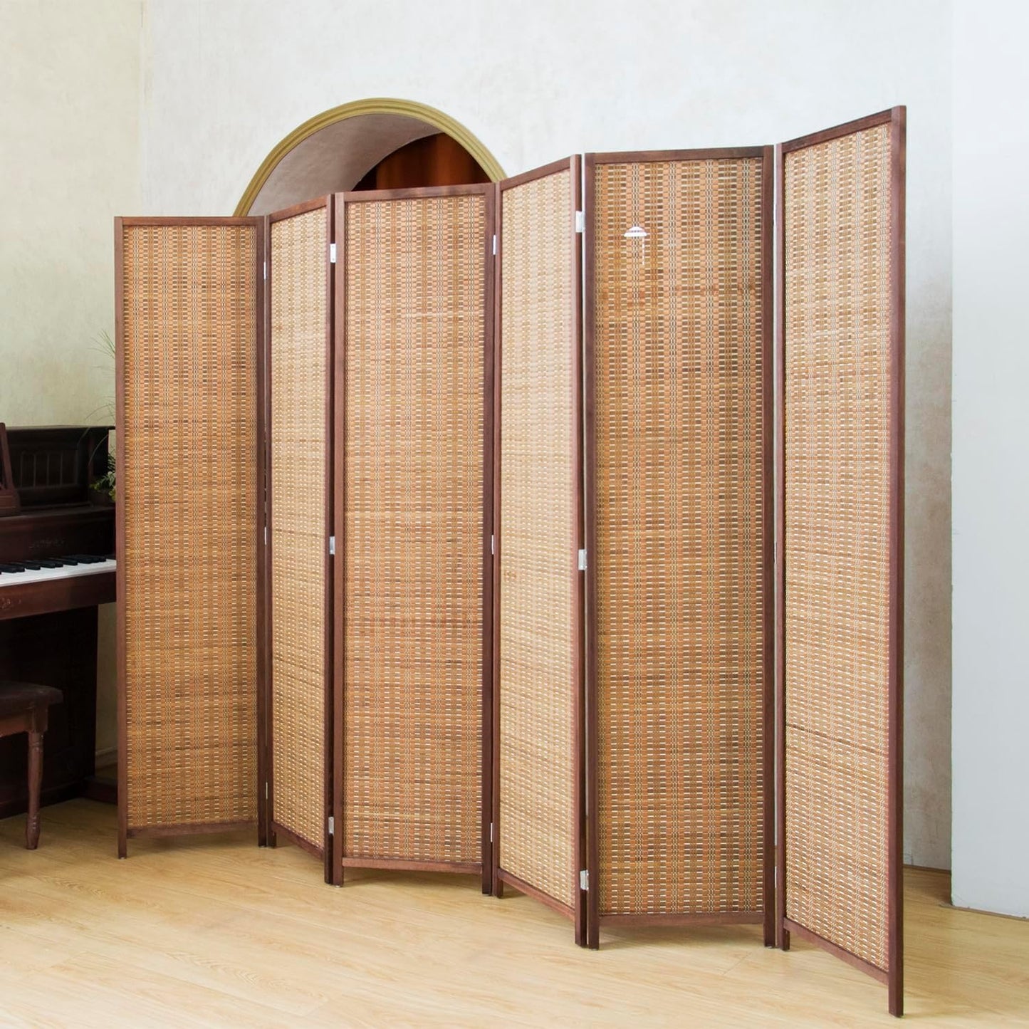 8 Panel Room Divider Folding Privacy Screen,67 inch Bamboo Panel Divider for Home Partition,Beige