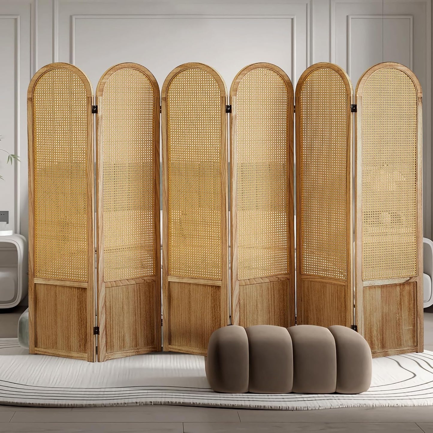 4 Panel Room Dividers and Folding Privacy Screens, Hand-Made Rattan Room Divider with Bi-Directional Hinge, Pre-Assembled Wood Room Divider Wall for Home Office Bedroom, Black