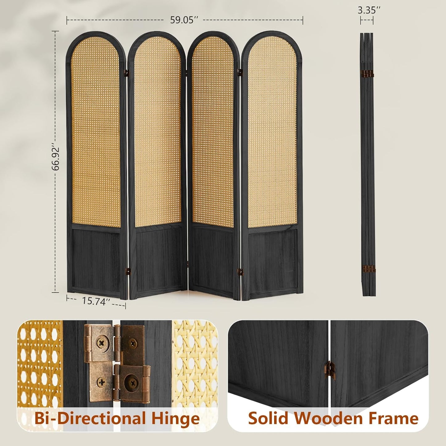 4 Panel Room Dividers and Folding Privacy Screens, Hand-Made Rattan Room Divider with Bi-Directional Hinge, Pre-Assembled Wood Room Divider Wall for Home Office Bedroom, Black