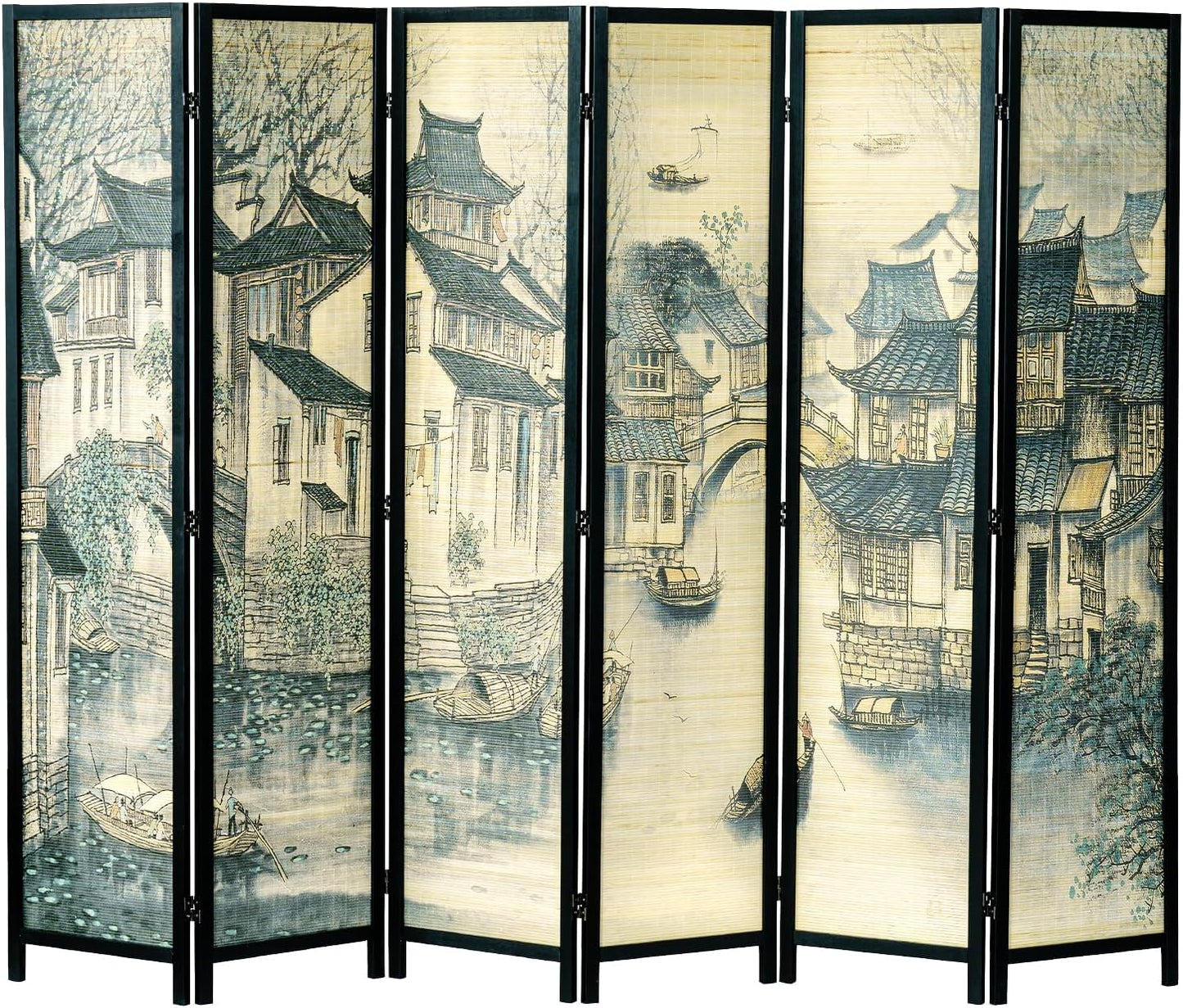 MyGift Decorative 4 Panel Folding Room Divider Bamboo Screen with Chinese Calligraphy Design, 6FT Freestanding Floral Artwork Room Partitioner with Black Wood Frame