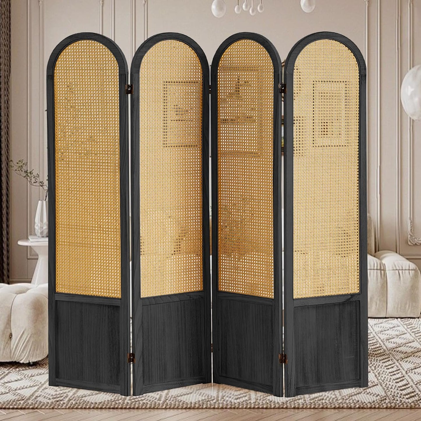 Room Divider Panel, 3 Panel Roomdivider Wall, Wood Room Dividers and Folding Privacy Screens, Rattan Partition Room Dividers, Privacy Dividers for Rooms, Bedroom, Dining Room, Black