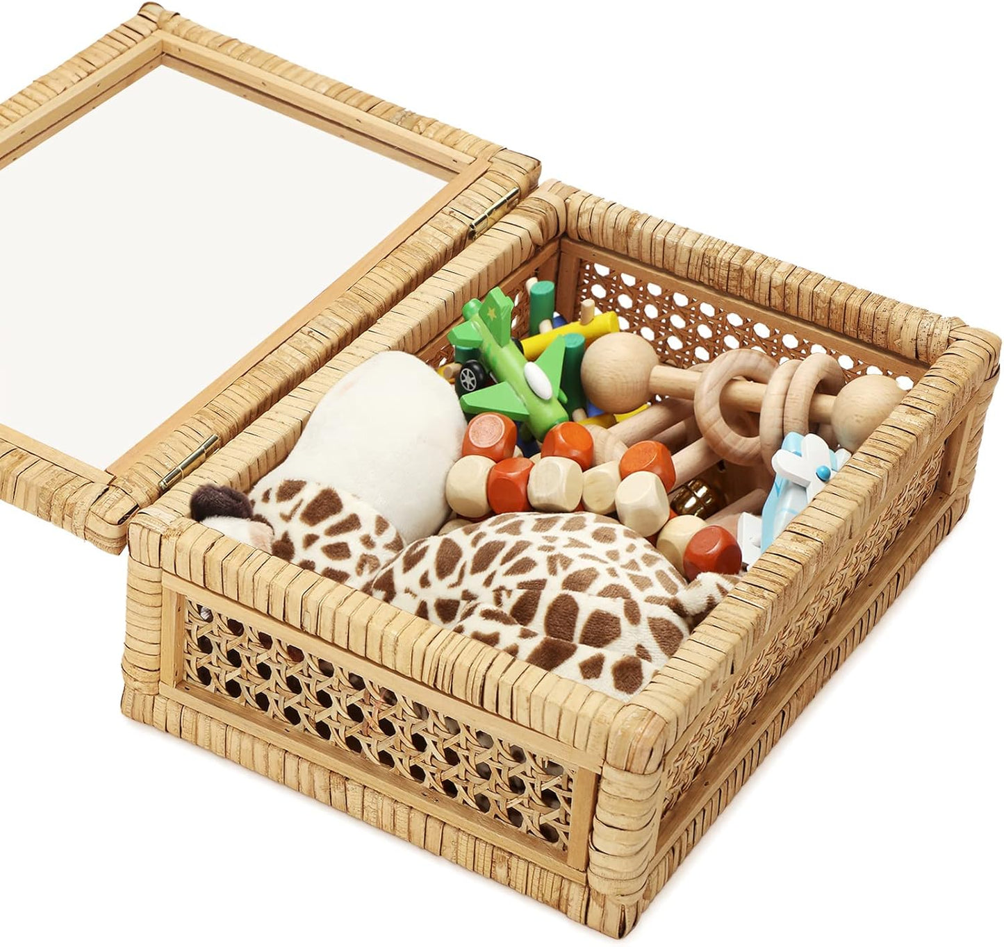 Amyhill Set of 2 Rattan Box Rattan with Glass Lids Decorative Woven Cane Boxes Multipurpose Square Basket for Home Shelf Organizer(15.4 x 9.5 x 7.1 Inch, 12.6 x 6.7 x 4.3 Inch)