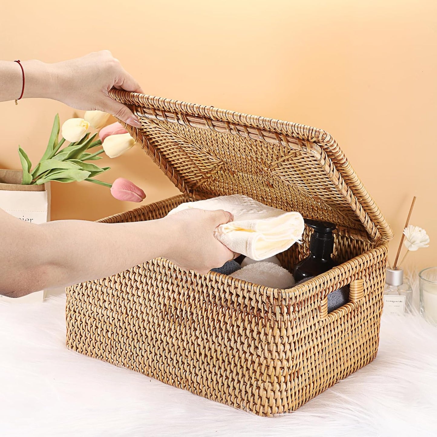 Hipiwe Wicker Storage Bins with Lid Handwoven Rattan Baskets Rectangular Decorative Shelf Baskets Bin with Handles Household Basket Boxes for Home Organizing,13.2"L x10.2"W x6.7"H