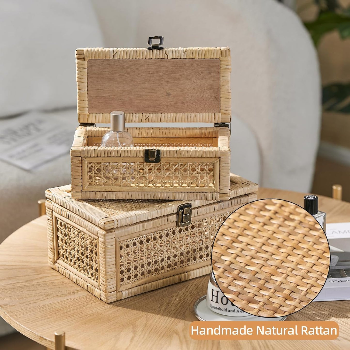 Rattan Box, Boho Decorative Boxes with Lids, Set of 2 Rectangular Wicker Storage Basket, Natural Woven Cane Bins for Home Decor (Rectangular)