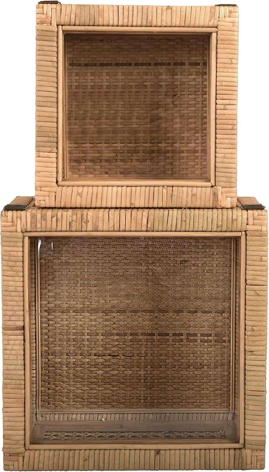 Creative Co-Op Modern Decorative Square Woven Rattan and Wood Display Boxes with Glass Top, Set of 2 Sizes, Natural Finish