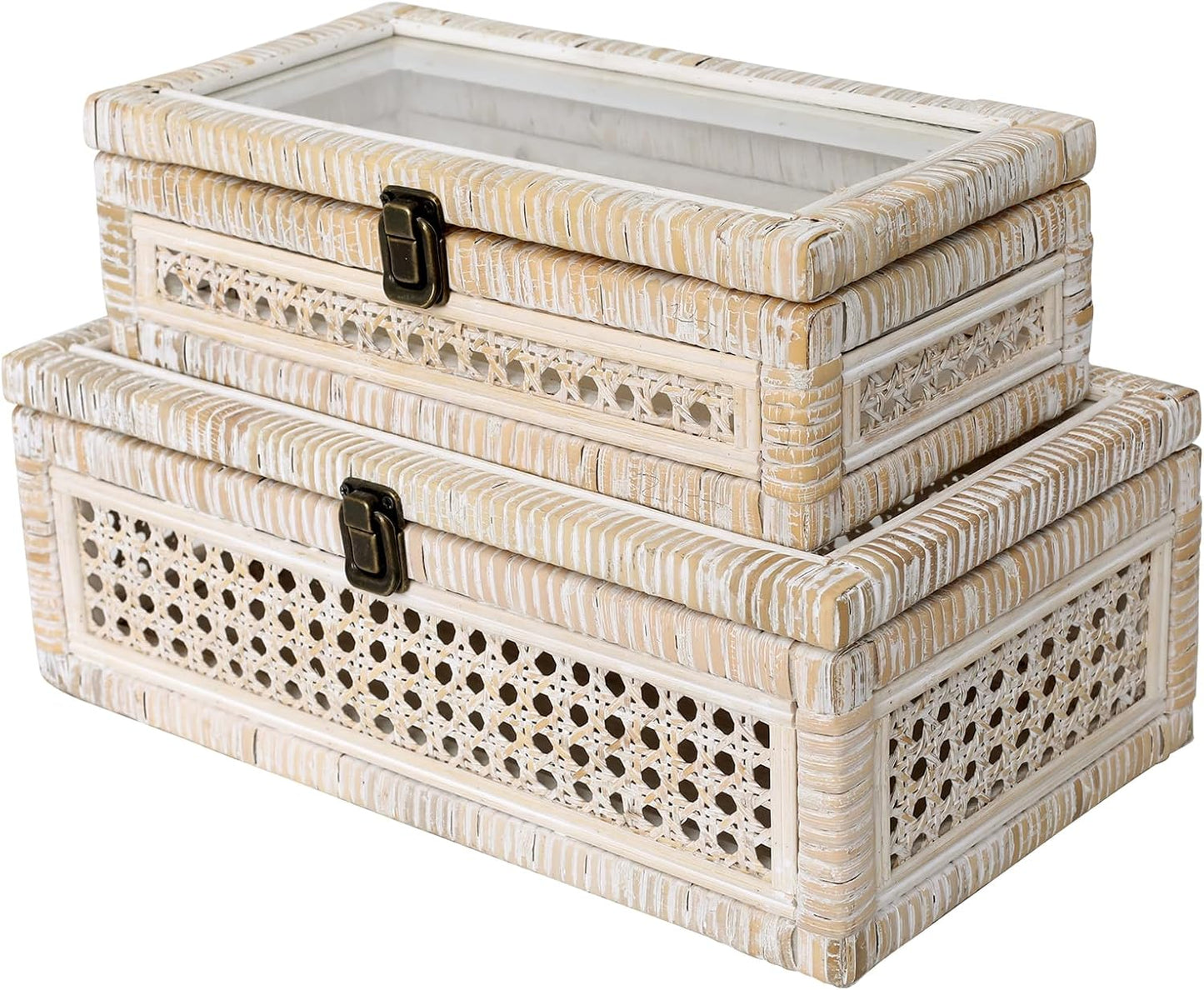 Rattan and Cane Stacking Boxes with Glass Top Lid - Set of 2 11.8" and 14.1", for Boho and Rustic Farmhouse Decor, Brown