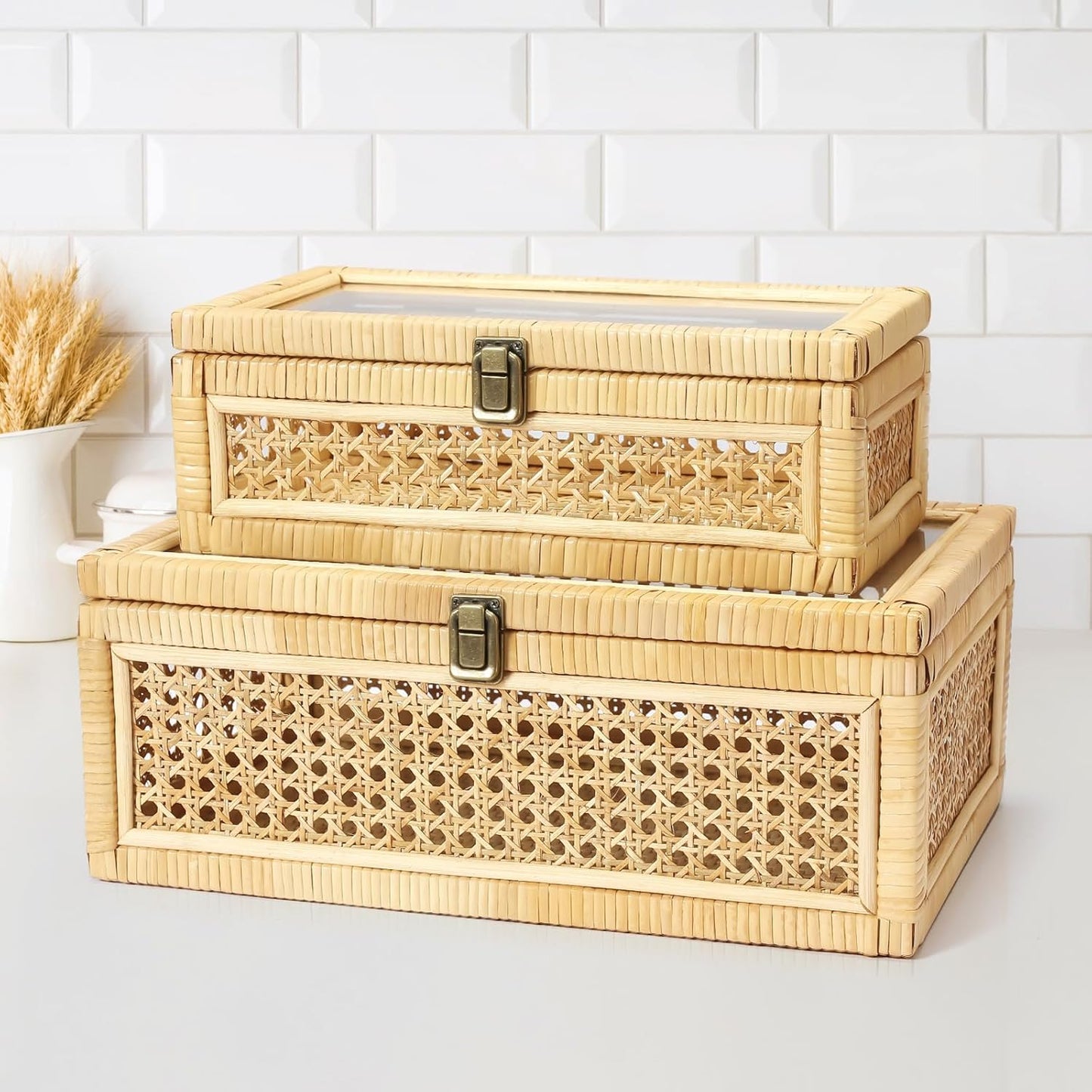 Rattan Decorative Box with Lid, Set of 2 Wicker Storage Baskets, Rectangular Woven Stacking Display Boxes with Glass Top, Large Natural Cane and Wood Storage Bins for Home Decor, Boho Shelf Organizer