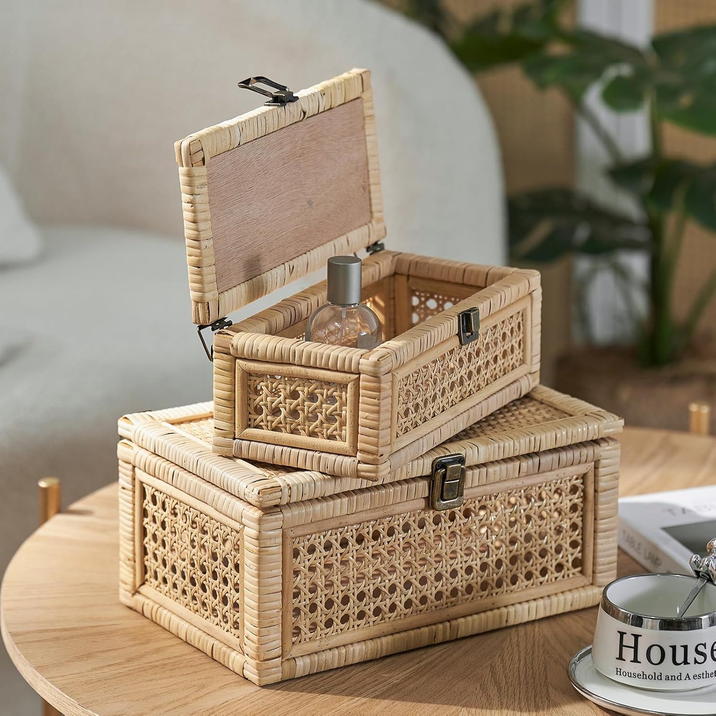 Rattan Box, Boho Decorative Boxes with Lids, Set of 2 Rectangular Wicker Storage Basket, Natural Woven Cane Bins for Home Decor (Rectangular)