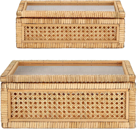 Amyhill Set of 2 Rattan Box Rattan with Glass Lids Decorative Woven Cane Boxes Multipurpose Square Basket for Home Shelf Organizer(15.4 x 9.5 x 7.1 Inch, 12.6 x 6.7 x 4.3 Inch)