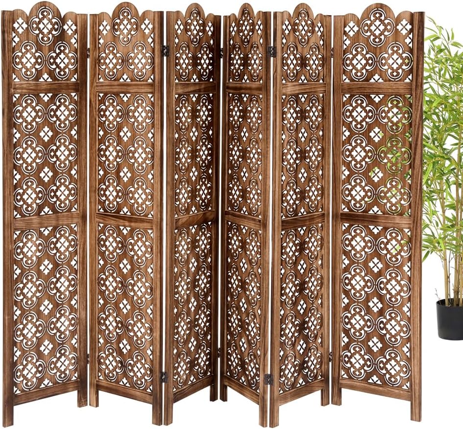 3 Panel Wooden Room Divider Screen - 8 Foot Tall Rustic Wood Privacy Partition with Floral Carved Cutouts, Foldable Farmhouse Decor for Bedroom, Home Office, Garden & Terrace (Natural)