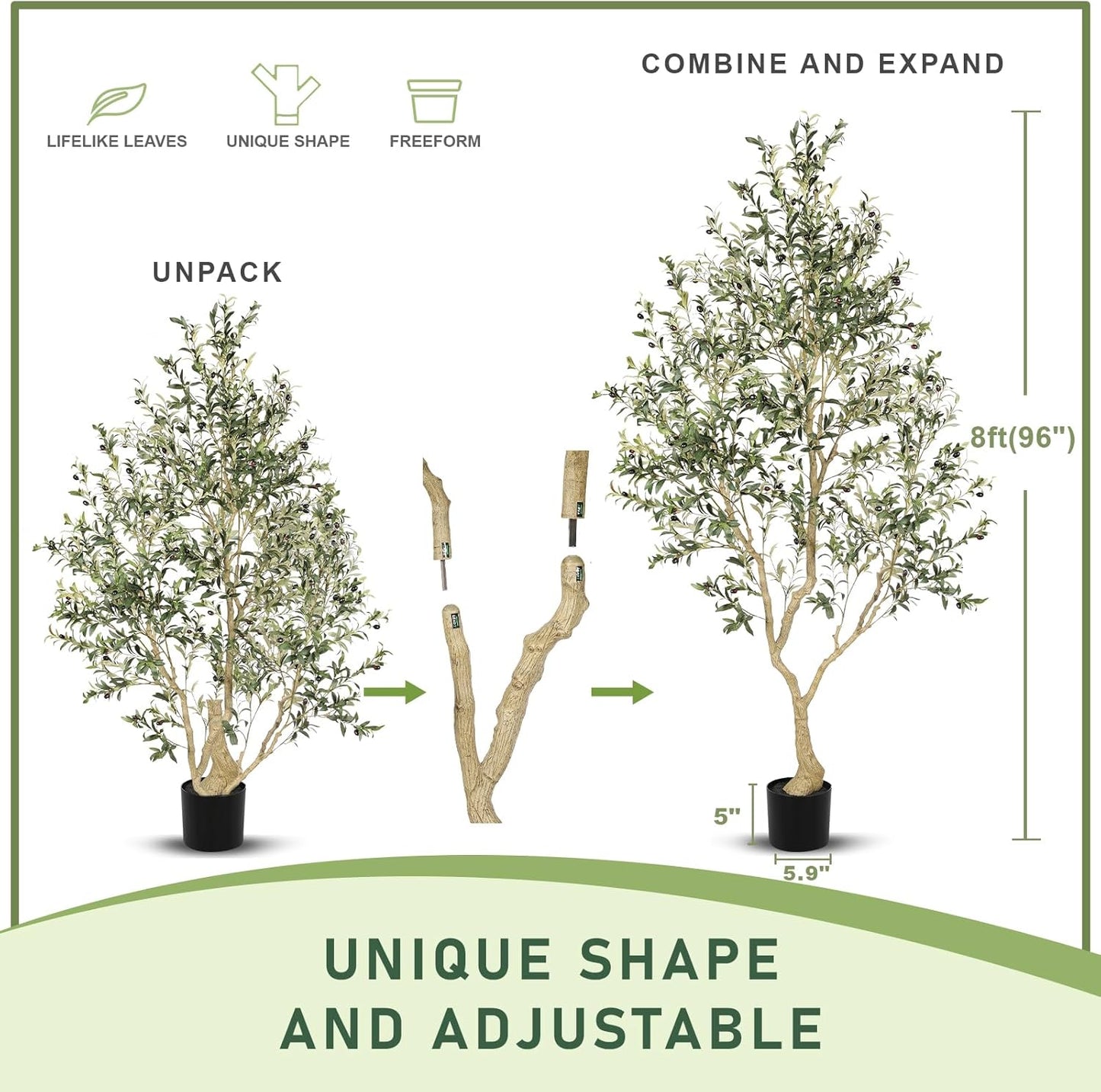 8ft Faux Olive Tree - Olive Trees Artificial Indoor with Large Olive Branches and Lifelike Olive - Artificial Olive Tree for Home Office House Living Room Decor