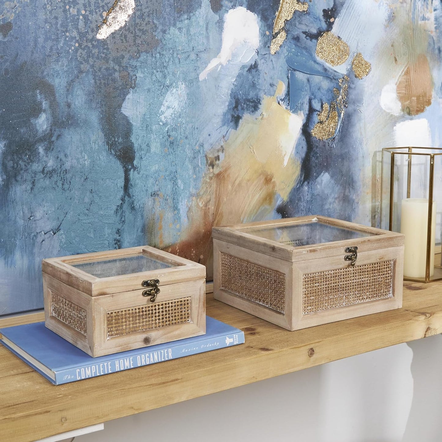 Deco 79 Wood Decorative Box Glass Top Decorative Keepsake Boxes with Rattan Side Panels and Bronze Hook Closures, Set of 2 Storage Boxes 9", 7" W, Light Brown
