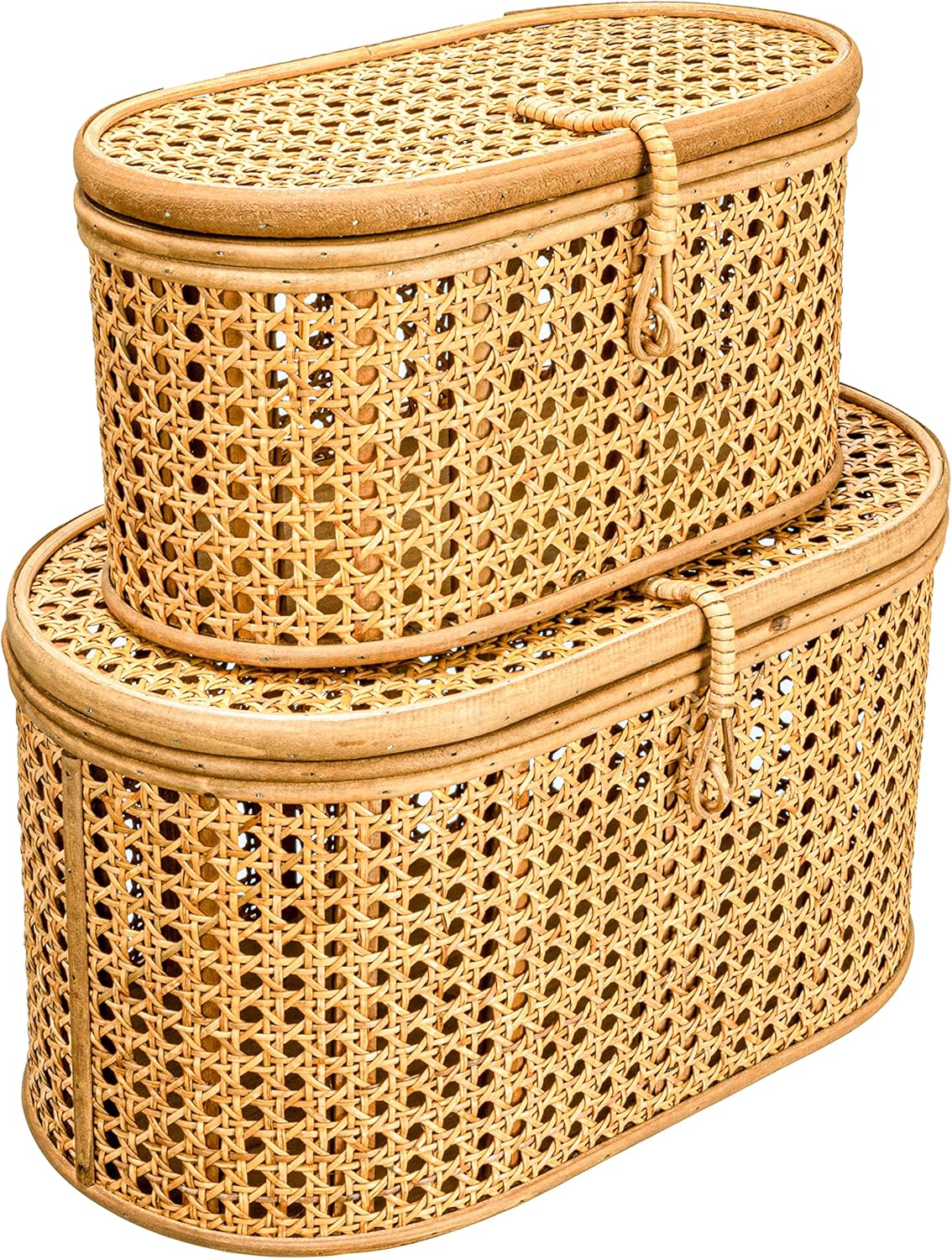 Modern Decorative Oval Woven Rattan Storage Boxes, Set of 2 Sizes, Dark Brown Finish