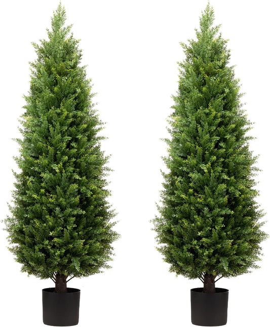 4ft Artificial Cedar Trees Artificial Topiary Trees Set of 2 Faux Cypress Plants UV Resistant Potted Bushes Faux Shrubs for Outdoor Indoor Front Porch Garden