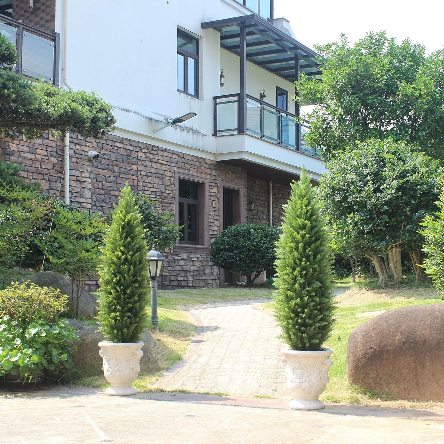 4ft Artificial Cedar Trees Artificial Topiary Trees Set of 2 Faux Cypress Plants UV Resistant Potted Bushes Faux Shrubs for Outdoor Indoor Front Porch Garden