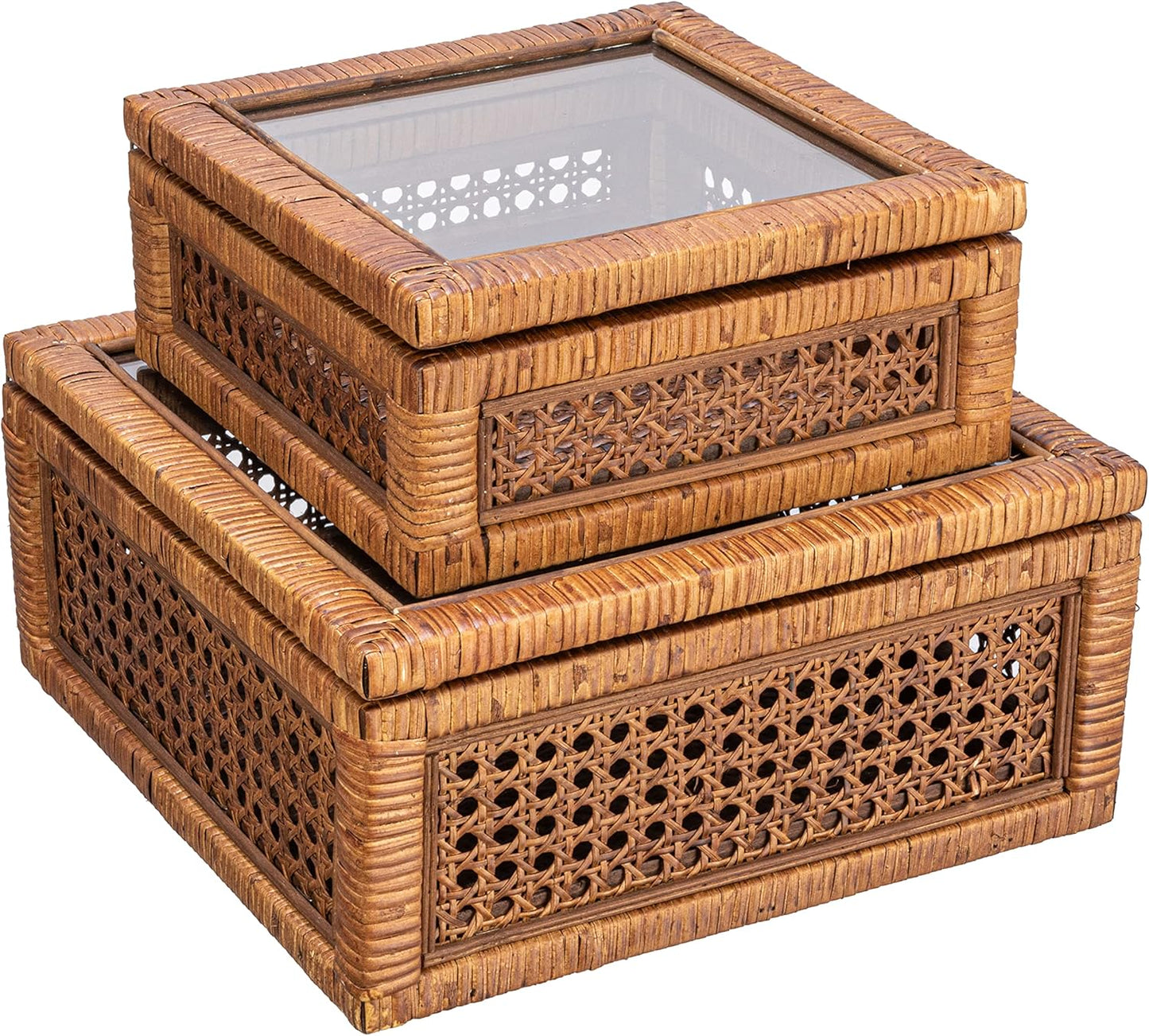 Creative Co-Op Modern Decorative Square Woven Rattan and Wood Display Boxes with Glass Top, Set of 2 Sizes, Natural Finish